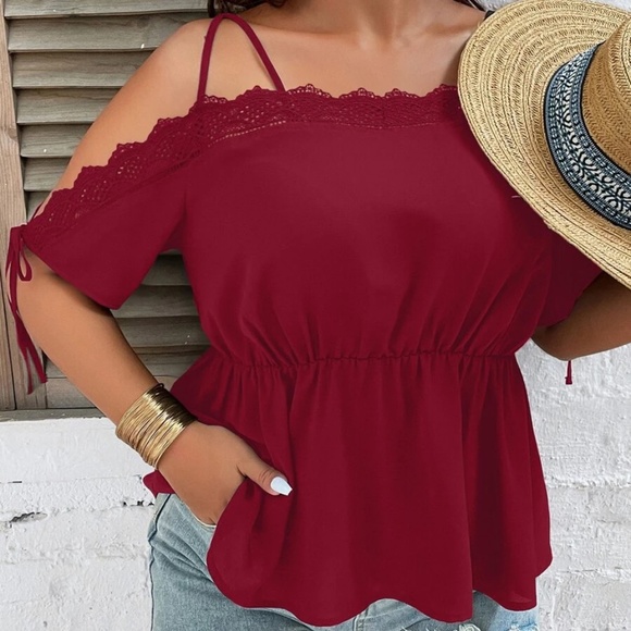 Plus Cold Shoulder Lace Blouse Navy Blue - Picture 10 of 14